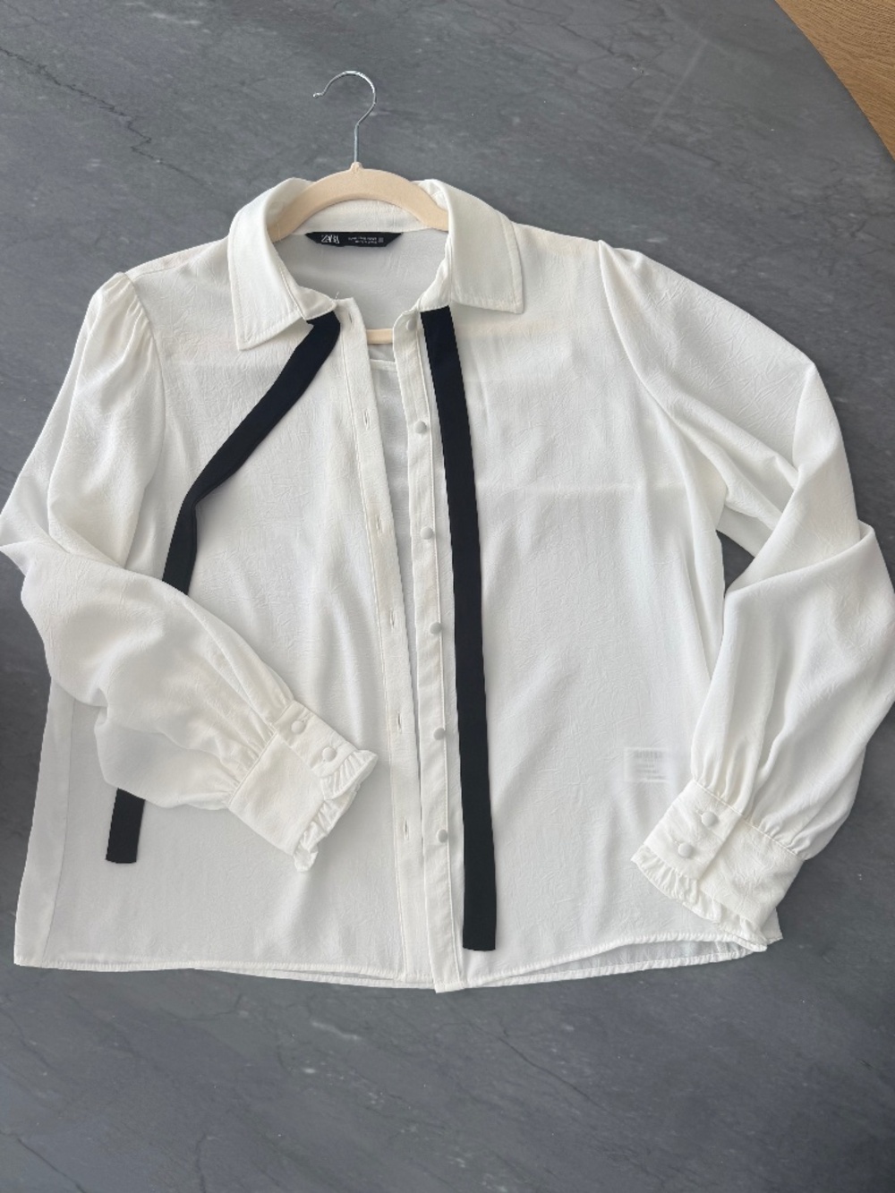 Zara White Jacquard Blouse with Black Neck Tie — Size S